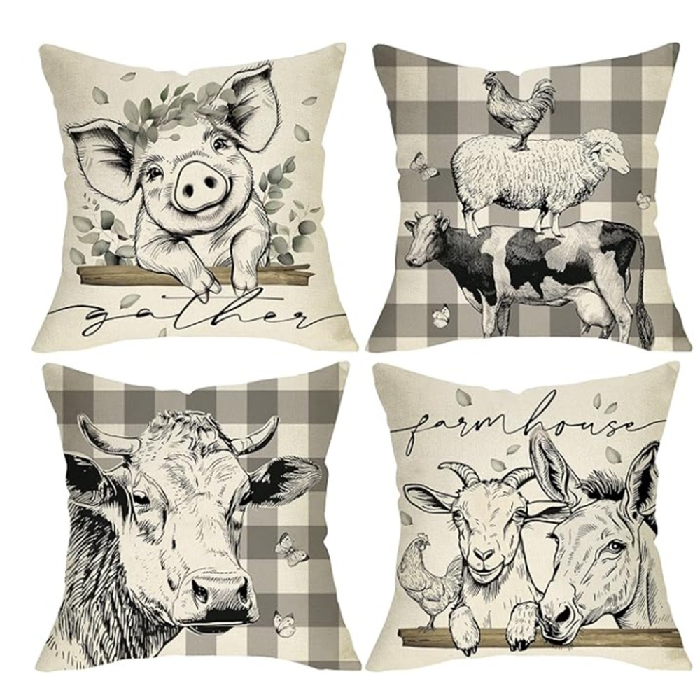 Farm Animals Grey Decorative Throw Pillow Covers 20 x 20 Set of 4, Farmhouse ...